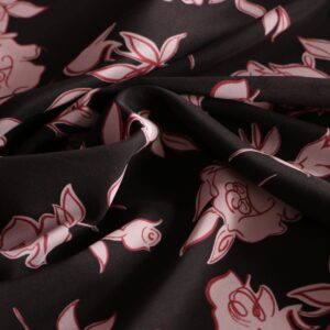 Black, Pink Silk Crêpe de Chine Flowers Print fabric for Dress, Pants, Shirt, Skirt.