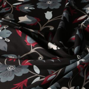 Black, Gray, Red Silk Crêpe de Chine Flowers Print fabric for Dress, Pants, Shirt, Skirt.