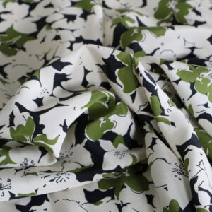 Black, Green, White Silk Crêpe de Chine Flowers Print fabric for Dress, Pants, Shirt, Skirt.