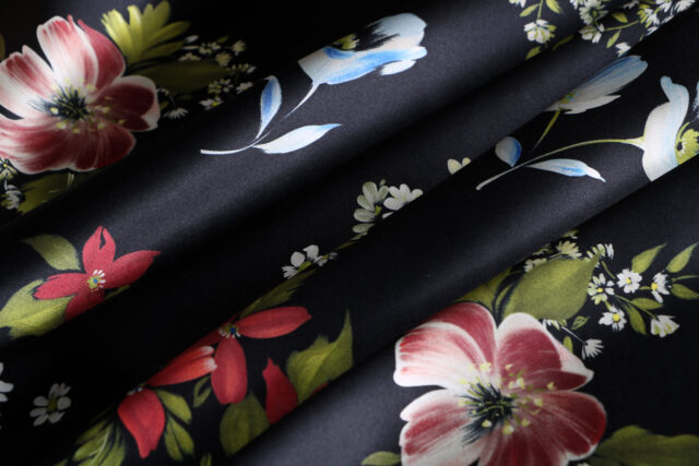 Black, Red Silk Crêpe Satin Flowers Print fabric for Dress, Pants, Shirt.