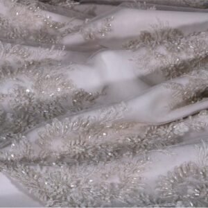 Tissu Dentelle et Broderie Paillettes Blanc en Polyester pour Robe de mariée.