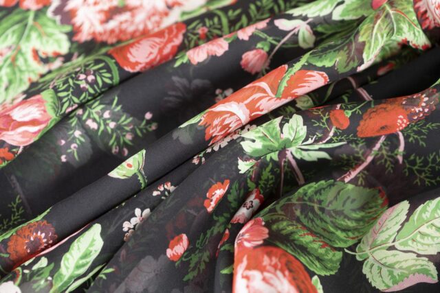 Black, Red Silk Georgette Flowers Print fabric for Dress, Shirt.