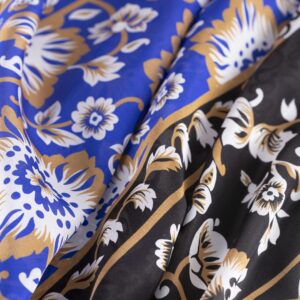 Black, Blue Silk Habutai Flowers Print fabric for Shirt, Skirt.