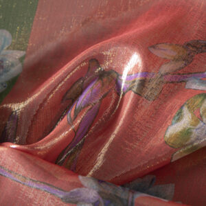 Tissu Imprimé Fleurs Chiffon Orange, Rouge, Vert en Polyester, Soie pour Robe de soirée.