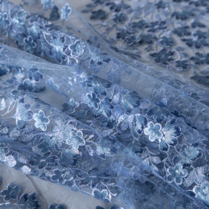 Blue Polyester Sequins Laces-Embroidery fabric for Ceremony Dress.
