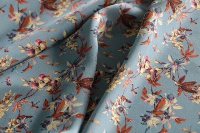 Blue, Brown Silk Crêpe Satin Flowers Print fabric for Dress, Pants, Shirt.